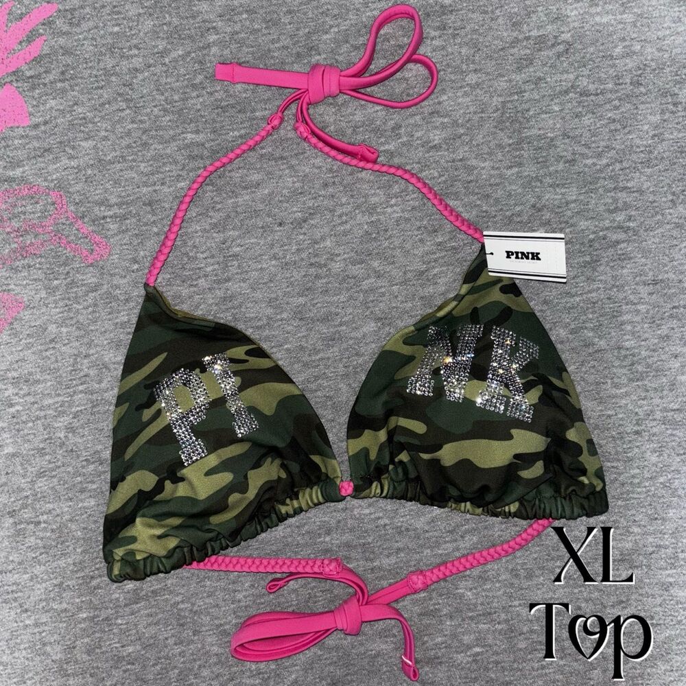 Victoria’s Secret PINK Army Green Camo Bling String Bikini Top Rhinestone XL